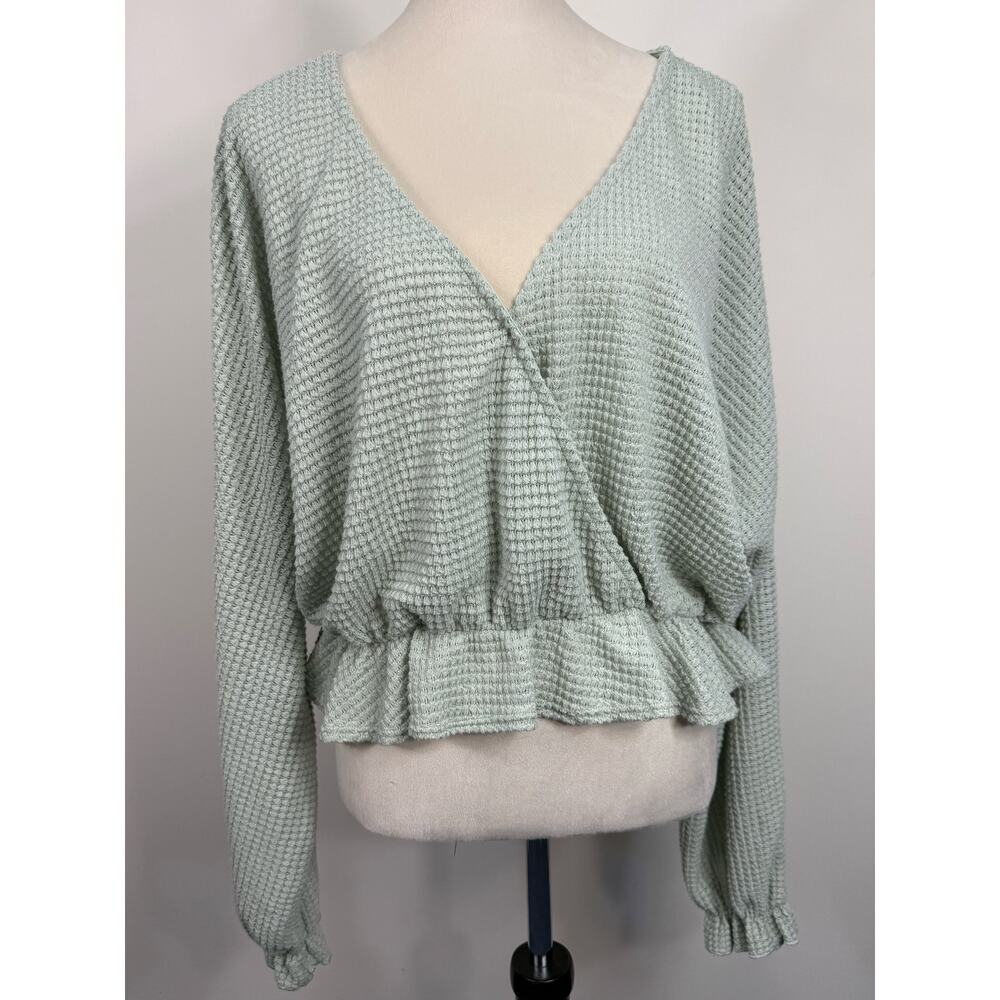 Arula Waffle Knit Lightweight Wrap Top Seafoam Ruffle Waist Flowy Sleeve Size B